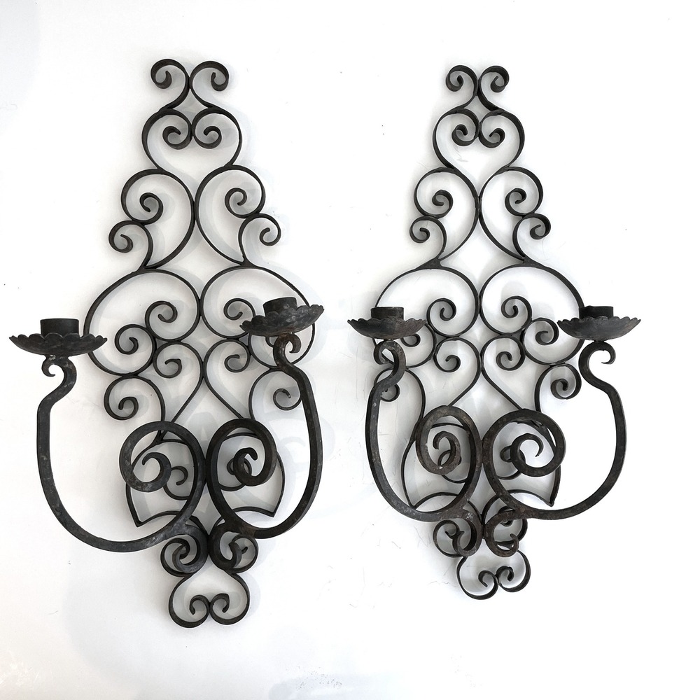 Vintage Wrought Iron Scroll Wall Sconce Pair Rustic Gothic Candle Holder Set